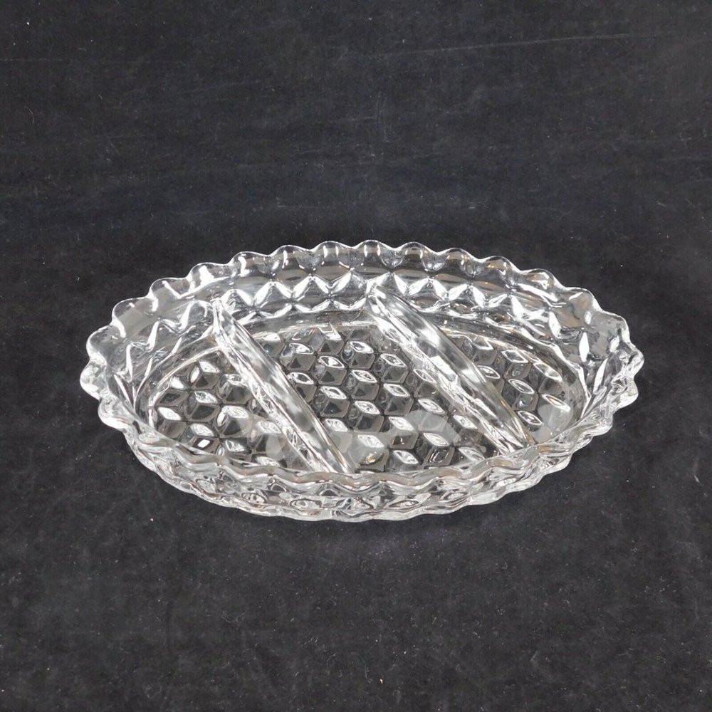 Fostoria American Clear 3-Part Dish Divided Oval Relish Candy Nut Cube Motif Vtg
